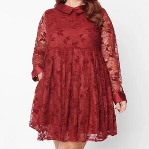 Unique Vintage Burgundy Lace Peggy Long Sleeves Babydoll Mini Dress Size 3X